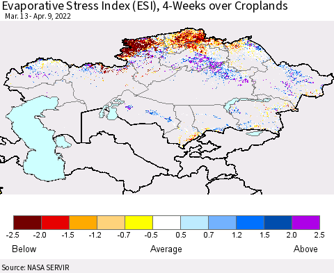 Kazakhstan Evaporative Stress Index (ESI), 4-Weeks over Croplands Thematic Map For 4/4/2022 - 4/10/2022