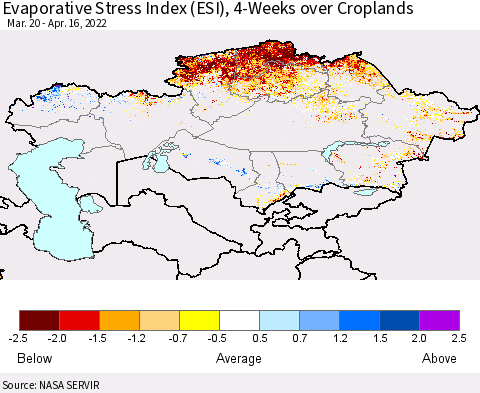 Kazakhstan Evaporative Stress Index (ESI), 4-Weeks over Croplands Thematic Map For 4/11/2022 - 4/17/2022