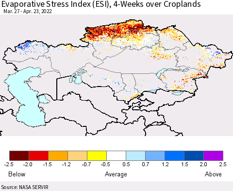 Kazakhstan Evaporative Stress Index (ESI), 4-Weeks over Croplands Thematic Map For 4/18/2022 - 4/24/2022