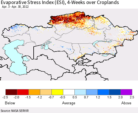 Kazakhstan Evaporative Stress Index (ESI), 4-Weeks over Croplands Thematic Map For 4/25/2022 - 5/1/2022