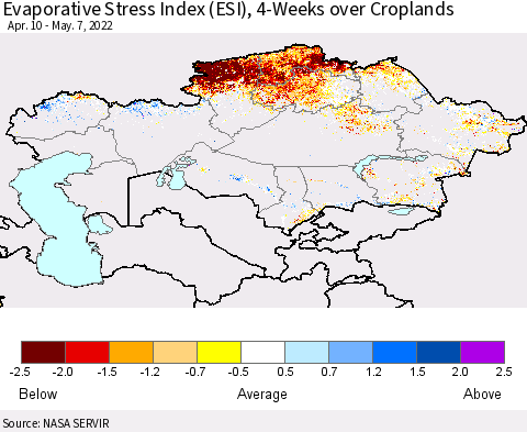 Kazakhstan Evaporative Stress Index (ESI), 4-Weeks over Croplands Thematic Map For 5/2/2022 - 5/8/2022