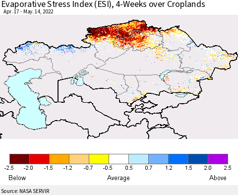Kazakhstan Evaporative Stress Index (ESI), 4-Weeks over Croplands Thematic Map For 5/9/2022 - 5/15/2022