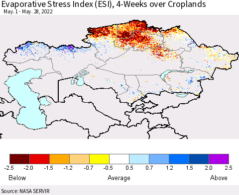 Kazakhstan Evaporative Stress Index (ESI), 4-Weeks over Croplands Thematic Map For 5/23/2022 - 5/29/2022