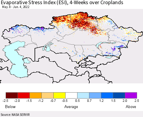 Kazakhstan Evaporative Stress Index (ESI), 4-Weeks over Croplands Thematic Map For 5/30/2022 - 6/5/2022