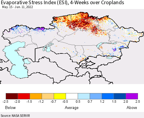 Kazakhstan Evaporative Stress Index (ESI), 4-Weeks over Croplands Thematic Map For 6/6/2022 - 6/12/2022
