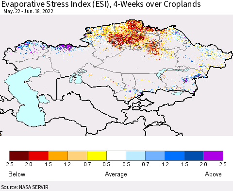 Kazakhstan Evaporative Stress Index (ESI), 4-Weeks over Croplands Thematic Map For 6/13/2022 - 6/19/2022