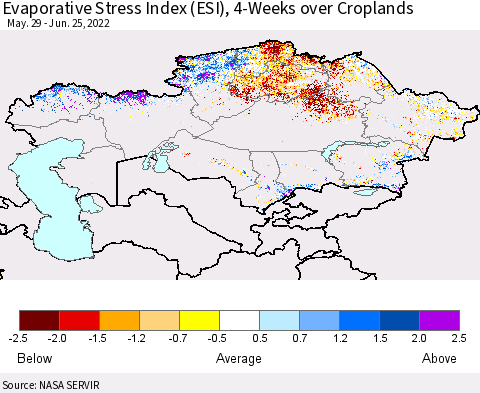 Kazakhstan Evaporative Stress Index (ESI), 4-Weeks over Croplands Thematic Map For 6/20/2022 - 6/26/2022