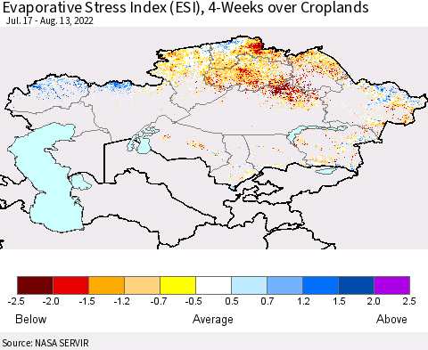 Kazakhstan Evaporative Stress Index (ESI), 4-Weeks over Croplands Thematic Map For 8/8/2022 - 8/14/2022
