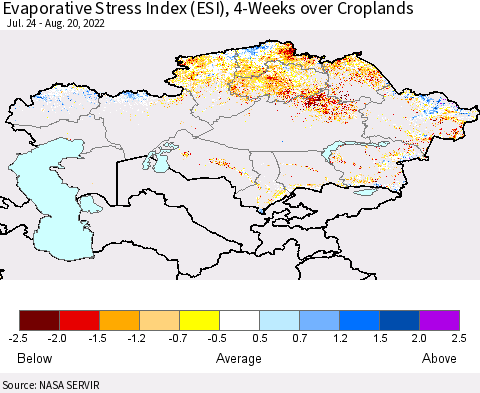 Kazakhstan Evaporative Stress Index (ESI), 4-Weeks over Croplands Thematic Map For 8/15/2022 - 8/21/2022