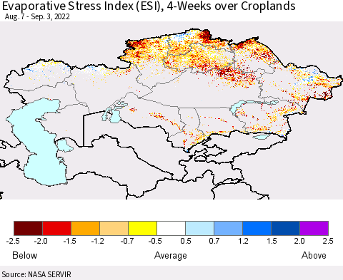 Kazakhstan Evaporative Stress Index (ESI), 4-Weeks over Croplands Thematic Map For 8/29/2022 - 9/4/2022