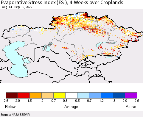 Kazakhstan Evaporative Stress Index (ESI), 4-Weeks over Croplands Thematic Map For 9/5/2022 - 9/11/2022