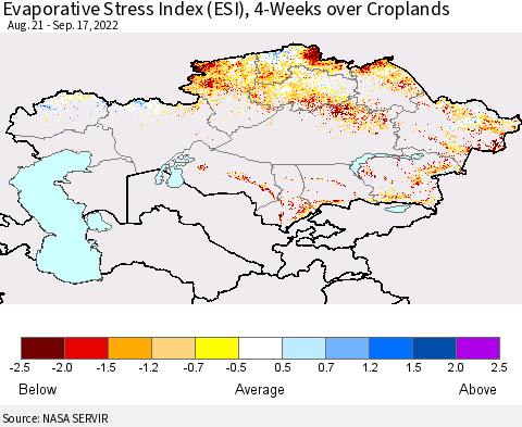 Kazakhstan Evaporative Stress Index (ESI), 4-Weeks over Croplands Thematic Map For 9/12/2022 - 9/18/2022