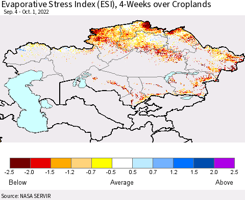 Kazakhstan Evaporative Stress Index (ESI), 4-Weeks over Croplands Thematic Map For 9/26/2022 - 10/2/2022