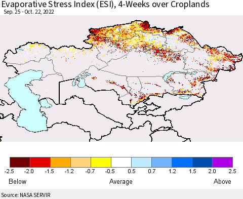 Kazakhstan Evaporative Stress Index (ESI), 4-Weeks over Croplands Thematic Map For 10/17/2022 - 10/23/2022