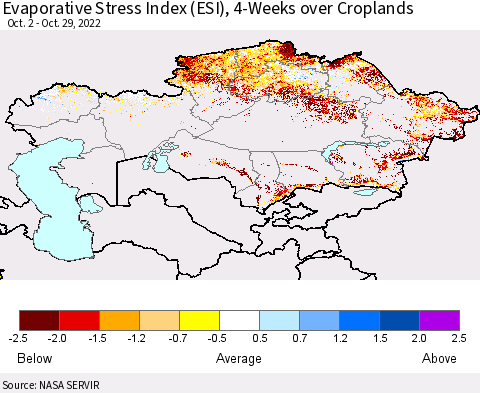 Kazakhstan Evaporative Stress Index (ESI), 4-Weeks over Croplands Thematic Map For 10/24/2022 - 10/30/2022