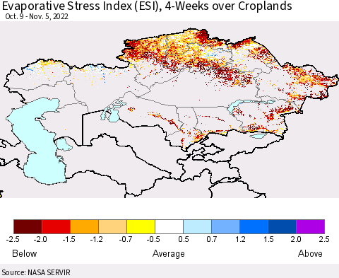 Kazakhstan Evaporative Stress Index (ESI), 4-Weeks over Croplands Thematic Map For 10/31/2022 - 11/6/2022