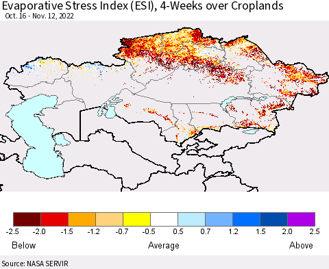 Kazakhstan Evaporative Stress Index (ESI), 4-Weeks over Croplands Thematic Map For 11/7/2022 - 11/13/2022