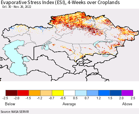 Kazakhstan Evaporative Stress Index (ESI), 4-Weeks over Croplands Thematic Map For 11/21/2022 - 11/27/2022