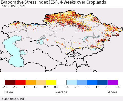 Kazakhstan Evaporative Stress Index (ESI), 4-Weeks over Croplands Thematic Map For 11/28/2022 - 12/4/2022