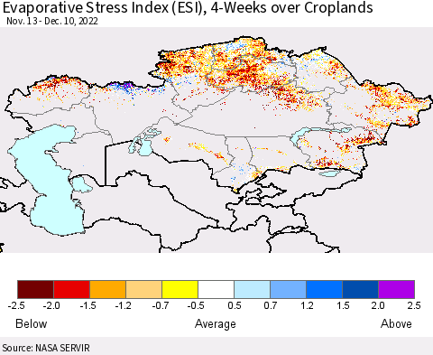 Kazakhstan Evaporative Stress Index (ESI), 4-Weeks over Croplands Thematic Map For 12/5/2022 - 12/11/2022