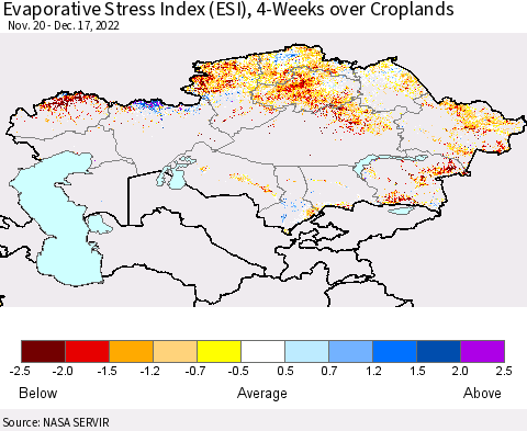 Kazakhstan Evaporative Stress Index (ESI), 4-Weeks over Croplands Thematic Map For 12/12/2022 - 12/18/2022