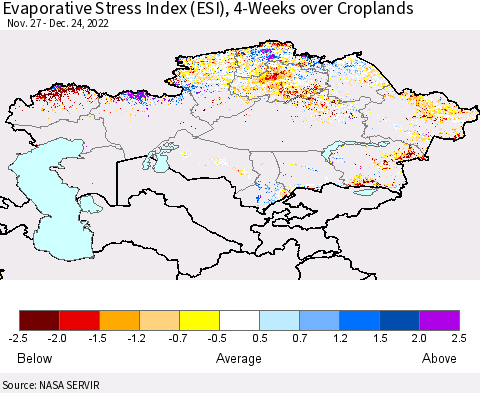 Kazakhstan Evaporative Stress Index (ESI), 4-Weeks over Croplands Thematic Map For 12/19/2022 - 12/25/2022