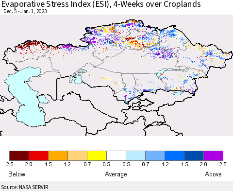 Kazakhstan Evaporative Stress Index (ESI), 4-Weeks over Croplands Thematic Map For 12/26/2022 - 1/1/2023