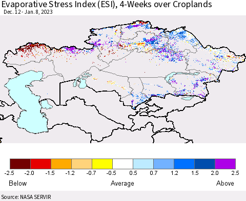 Kazakhstan Evaporative Stress Index (ESI), 4-Weeks over Croplands Thematic Map For 1/2/2023 - 1/8/2023