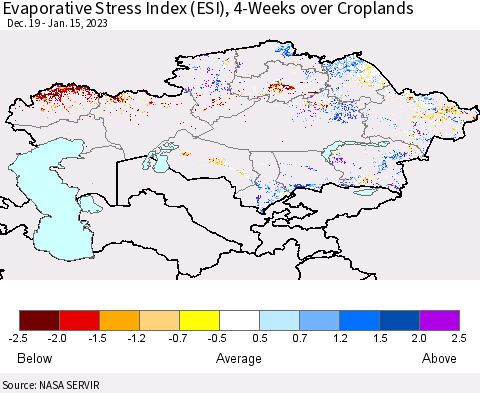 Kazakhstan Evaporative Stress Index (ESI), 4-Weeks over Croplands Thematic Map For 1/9/2023 - 1/15/2023