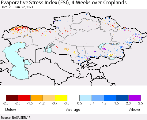 Kazakhstan Evaporative Stress Index (ESI), 4-Weeks over Croplands Thematic Map For 1/16/2023 - 1/22/2023