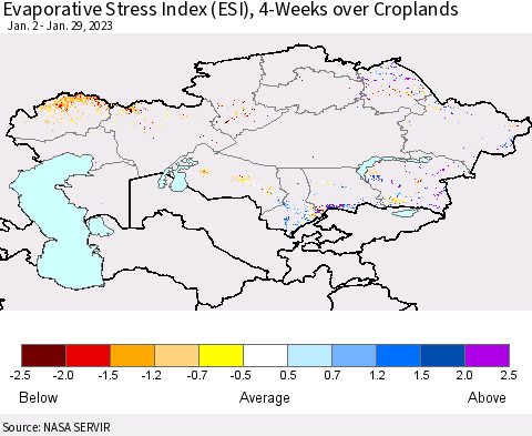 Kazakhstan Evaporative Stress Index (ESI), 4-Weeks over Croplands Thematic Map For 1/23/2023 - 1/29/2023