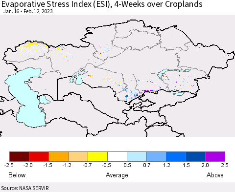 Kazakhstan Evaporative Stress Index (ESI), 4-Weeks over Croplands Thematic Map For 2/6/2023 - 2/12/2023