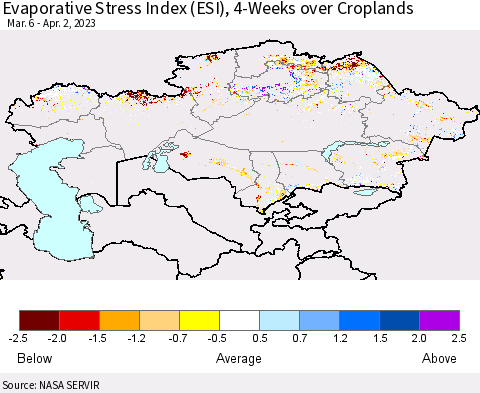 Kazakhstan Evaporative Stress Index (ESI), 4-Weeks over Croplands Thematic Map For 3/27/2023 - 4/2/2023