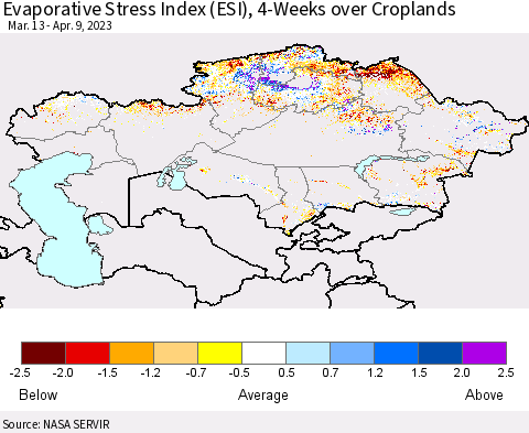 Kazakhstan Evaporative Stress Index (ESI), 4-Weeks over Croplands Thematic Map For 4/3/2023 - 4/9/2023