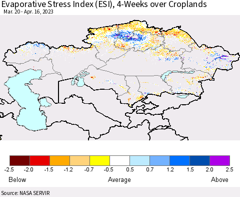 Kazakhstan Evaporative Stress Index (ESI), 4-Weeks over Croplands Thematic Map For 4/10/2023 - 4/16/2023