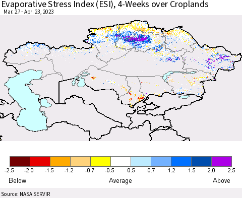Kazakhstan Evaporative Stress Index (ESI), 4-Weeks over Croplands Thematic Map For 4/17/2023 - 4/23/2023