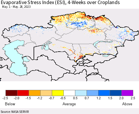 Kazakhstan Evaporative Stress Index (ESI), 4-Weeks over Croplands Thematic Map For 5/22/2023 - 5/28/2023