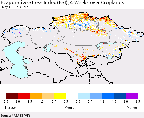 Kazakhstan Evaporative Stress Index (ESI), 4-Weeks over Croplands Thematic Map For 5/29/2023 - 6/4/2023