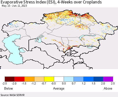 Kazakhstan Evaporative Stress Index (ESI), 4-Weeks over Croplands Thematic Map For 6/5/2023 - 6/11/2023
