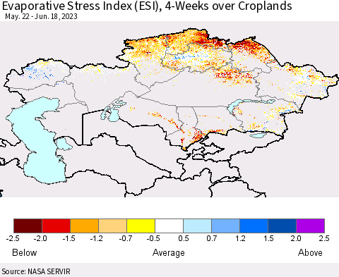 Kazakhstan Evaporative Stress Index (ESI), 4-Weeks over Croplands Thematic Map For 6/12/2023 - 6/18/2023