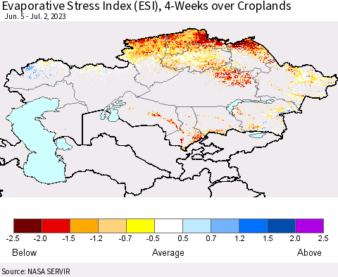 Kazakhstan Evaporative Stress Index (ESI), 4-Weeks over Croplands Thematic Map For 6/26/2023 - 7/2/2023