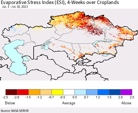 Kazakhstan Evaporative Stress Index (ESI), 4-Weeks over Croplands Thematic Map For 7/24/2023 - 7/30/2023