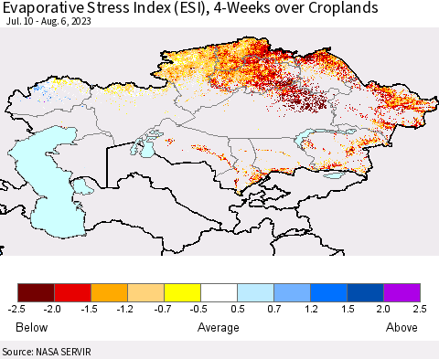 Kazakhstan Evaporative Stress Index (ESI), 4-Weeks over Croplands Thematic Map For 7/31/2023 - 8/6/2023