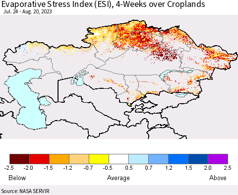 Kazakhstan Evaporative Stress Index (ESI), 4-Weeks over Croplands Thematic Map For 8/14/2023 - 8/20/2023