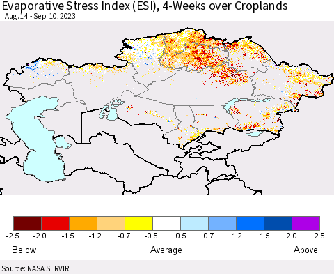 Kazakhstan Evaporative Stress Index (ESI), 4-Weeks over Croplands Thematic Map For 9/4/2023 - 9/10/2023
