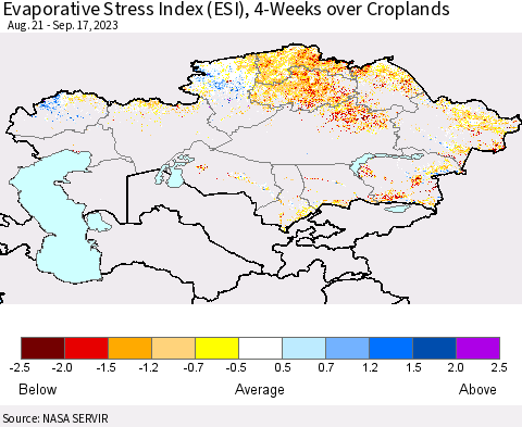 Kazakhstan Evaporative Stress Index (ESI), 4-Weeks over Croplands Thematic Map For 9/11/2023 - 9/17/2023