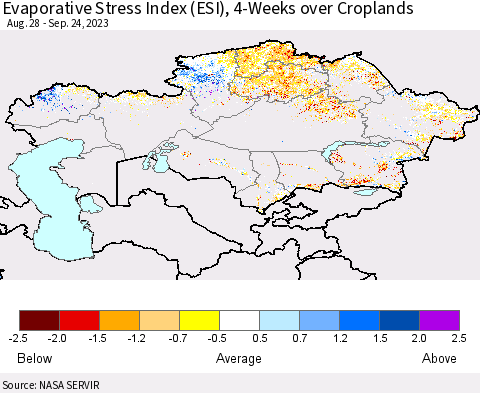 Kazakhstan Evaporative Stress Index (ESI), 4-Weeks over Croplands Thematic Map For 9/18/2023 - 9/24/2023