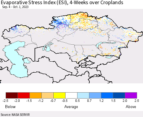 Kazakhstan Evaporative Stress Index (ESI), 4-Weeks over Croplands Thematic Map For 9/25/2023 - 10/1/2023