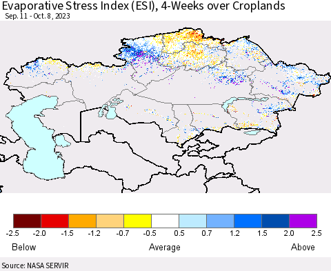 Kazakhstan Evaporative Stress Index (ESI), 4-Weeks over Croplands Thematic Map For 10/2/2023 - 10/8/2023