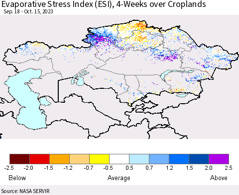 Kazakhstan Evaporative Stress Index (ESI), 4-Weeks over Croplands Thematic Map For 10/9/2023 - 10/15/2023